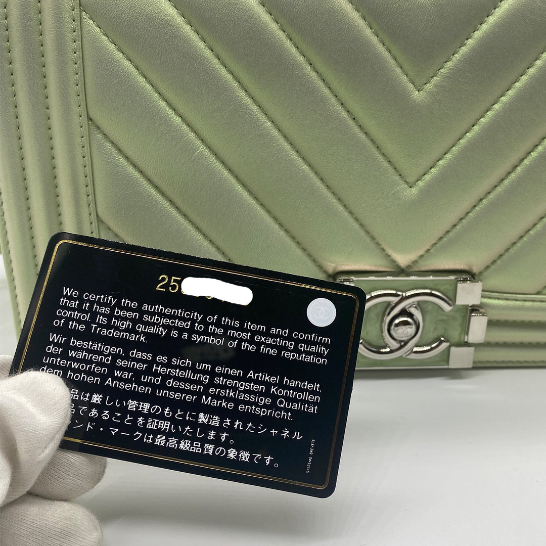 Chanel Medium Boy Flap in Iridescent Green Lambskin Chevron Quilted with Sliver Hardware