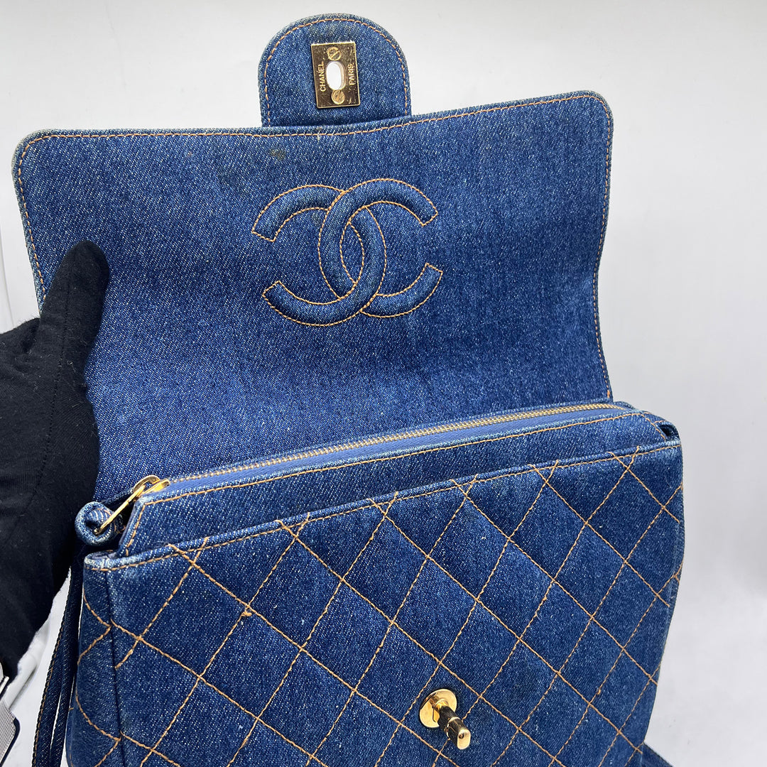 Chanel Vintage Denim Flap Backpack with Gold Hardware