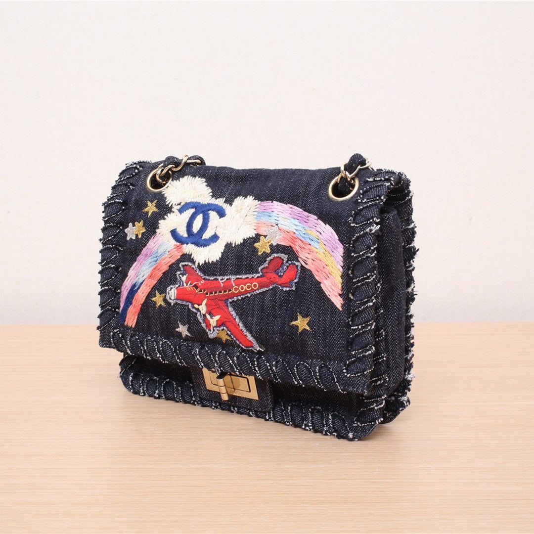 Chanel 2.55 Reissue Limited Edition Airplanes Over Rainbow Flap Blue Denim Shoulder Bag