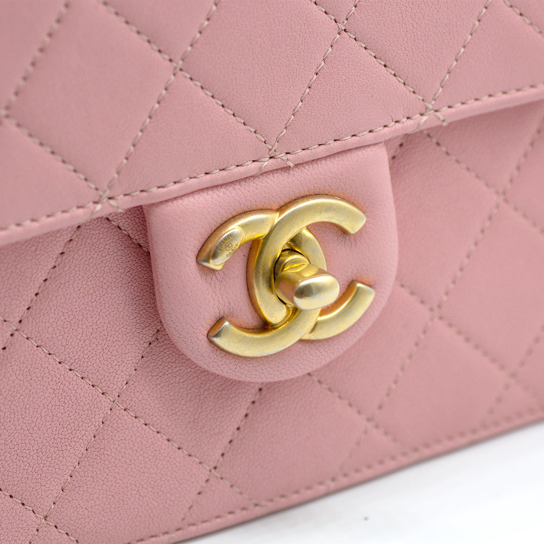 Chanel Pink Vertical Flap with Pearl Chain and Gold Hardware
