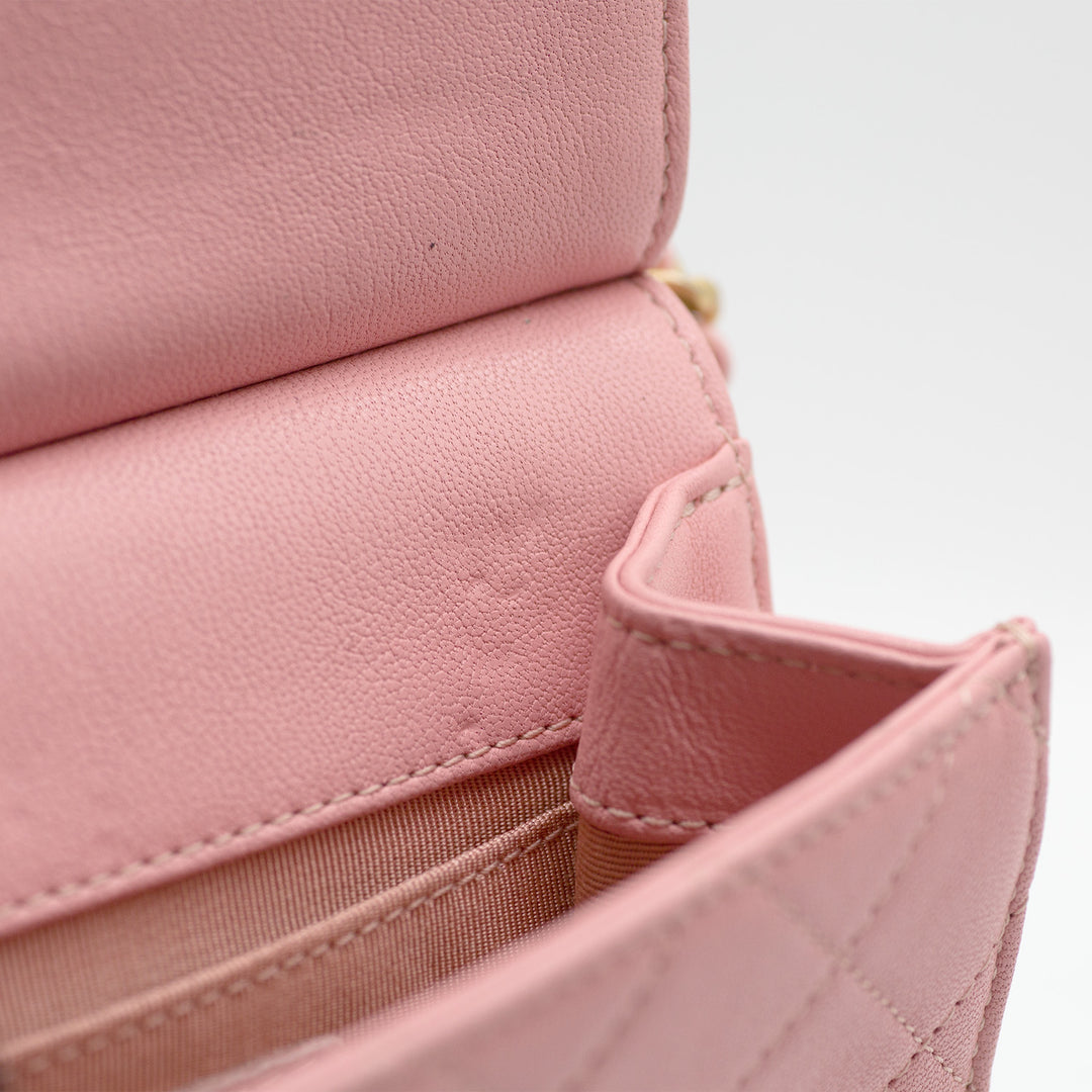 Chanel Pink Vertical Flap with Pearl Chain and Gold Hardware