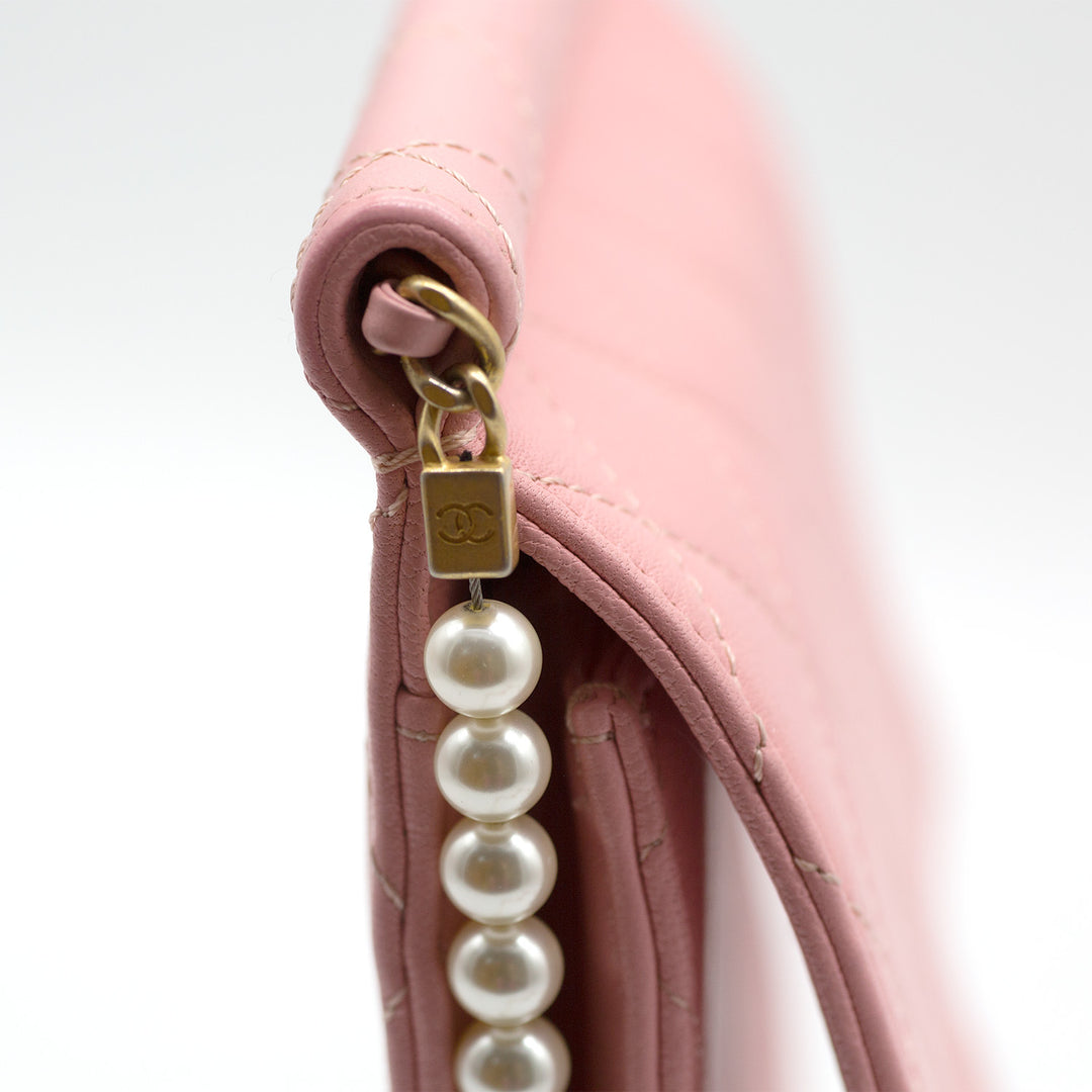 Chanel Pink Vertical Flap with Pearl Chain and Gold Hardware