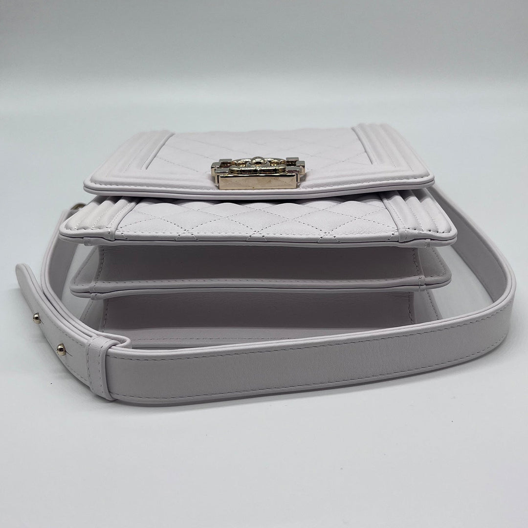 Chanel North South Boy Flap Bag in White Lambskin and Gold Hardware