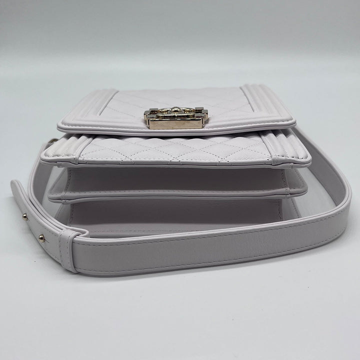 Chanel North South Boy Flap Bag in White Lambskin and Gold Hardware