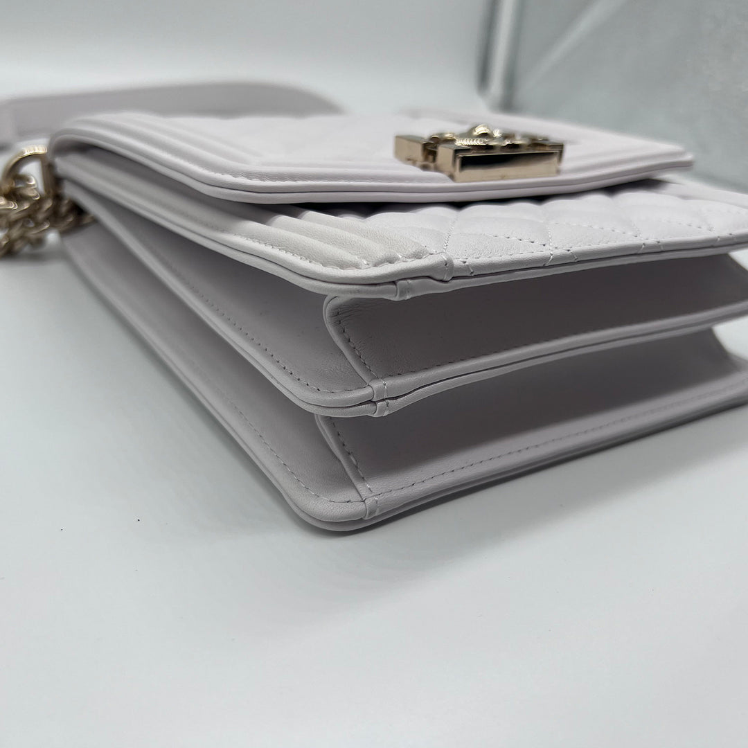 Chanel North South Boy Flap Bag in White Lambskin and Gold Hardware