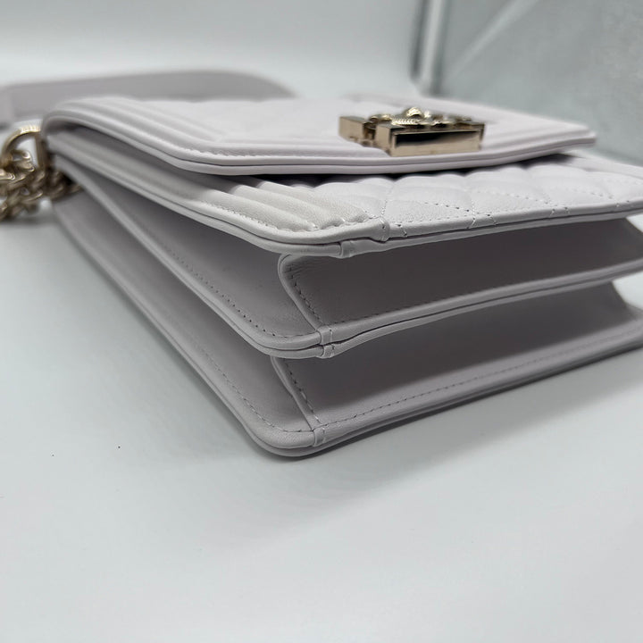 Chanel North South Boy Flap Bag in White Lambskin and Gold Hardware