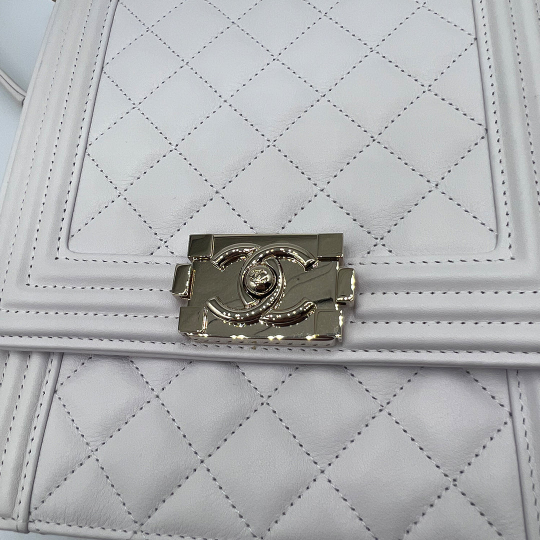 Chanel North South Boy Flap Bag in White Lambskin and Gold Hardware