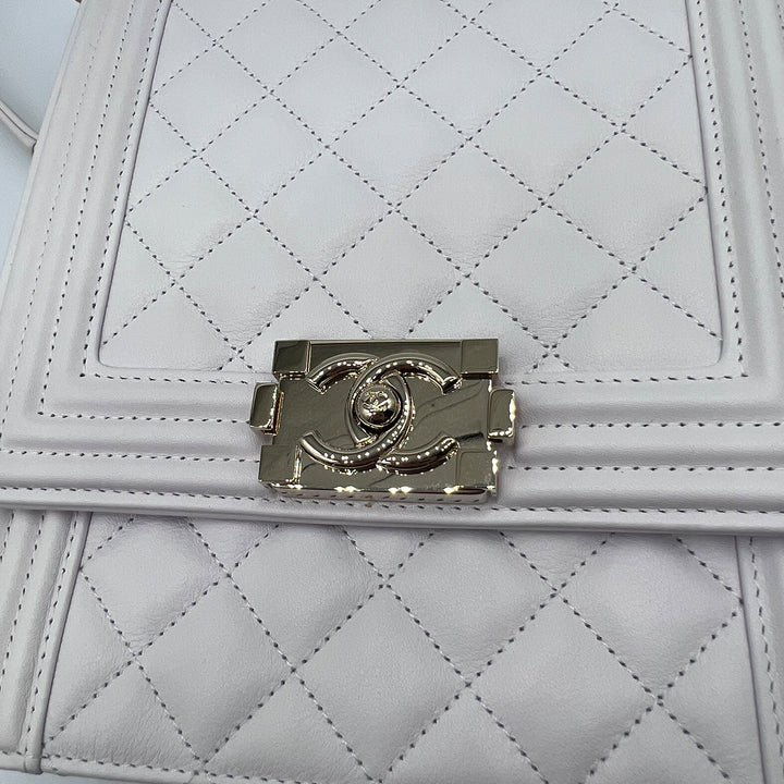 Chanel North South Boy Flap Bag in White Lambskin and Gold Hardware