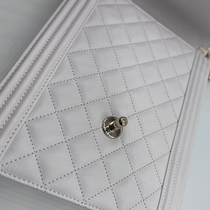 Chanel North South Boy Flap Bag in White Lambskin and Gold Hardware