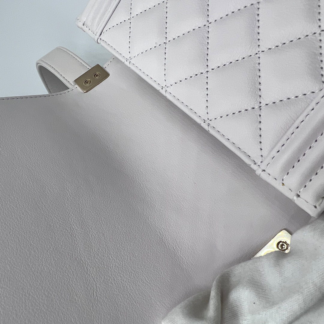 Chanel North South Boy Flap Bag in White Lambskin and Gold Hardware