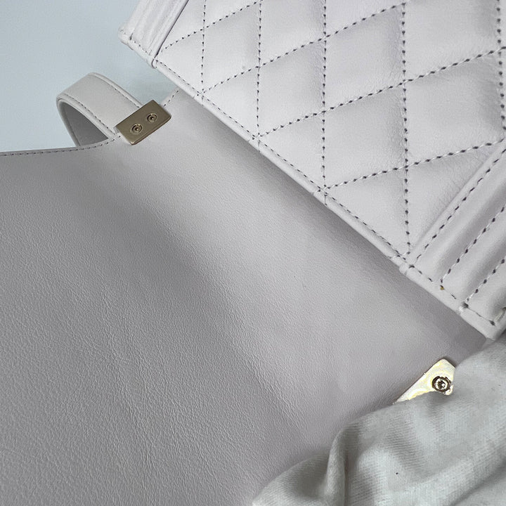 Chanel North South Boy Flap Bag in White Lambskin and Gold Hardware