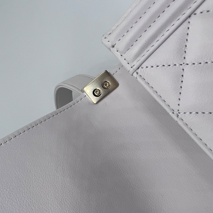 Chanel North South Boy Flap Bag in White Lambskin and Gold Hardware