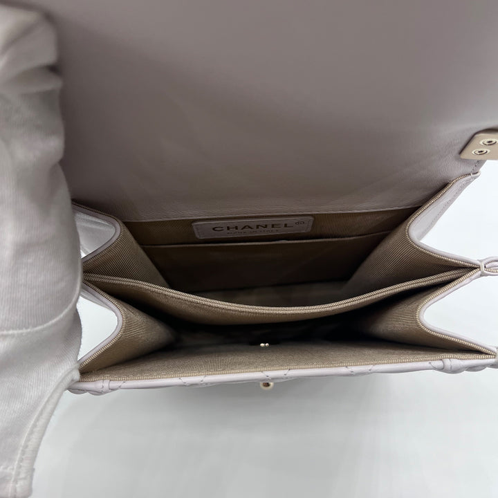 Chanel North South Boy Flap Bag in White Lambskin and Gold Hardware