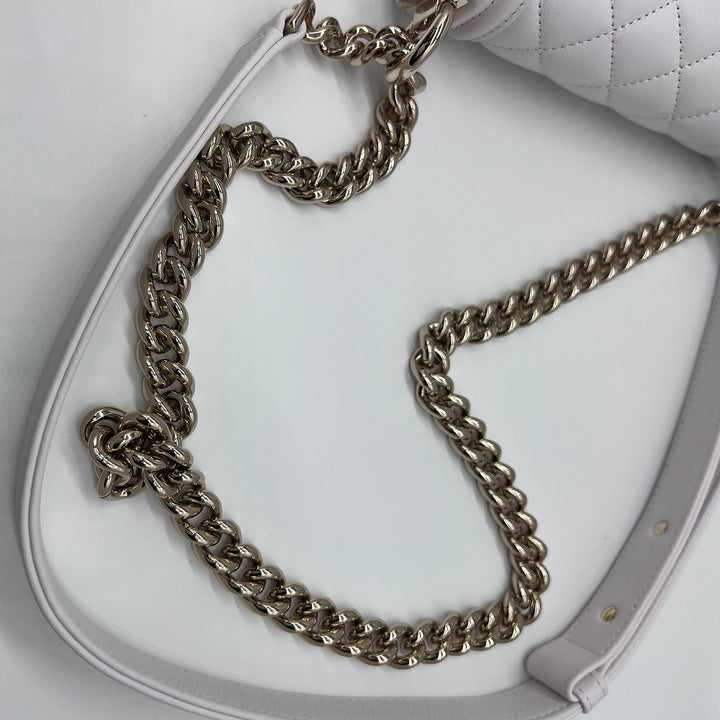 Chanel North South Boy Flap Bag in White Lambskin and Gold Hardware