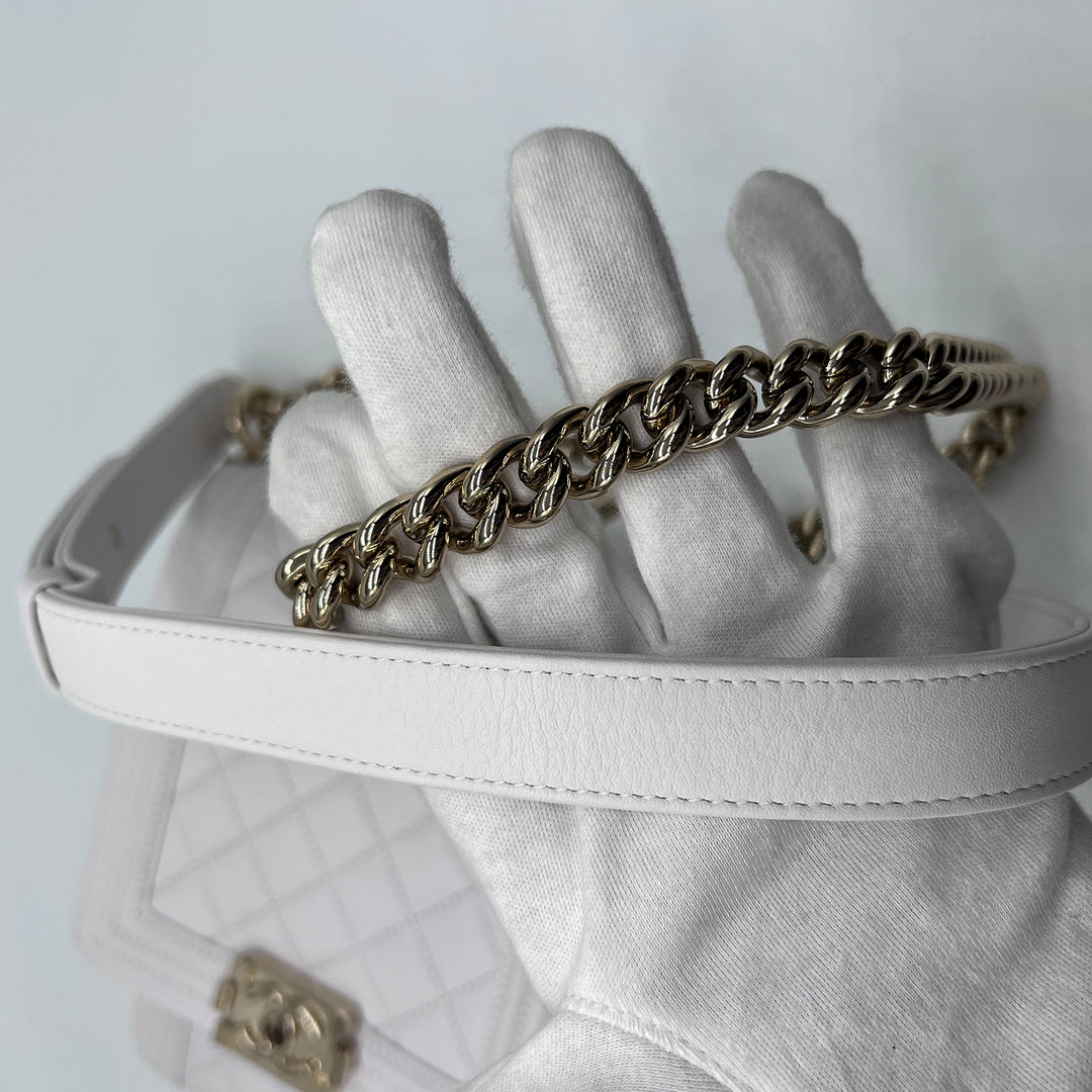Chanel North South Boy Flap Bag in White Lambskin and Gold Hardware