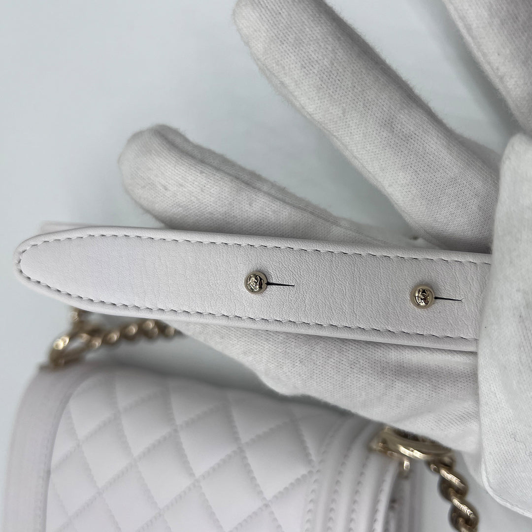 Chanel North South Boy Flap Bag in White Lambskin and Gold Hardware