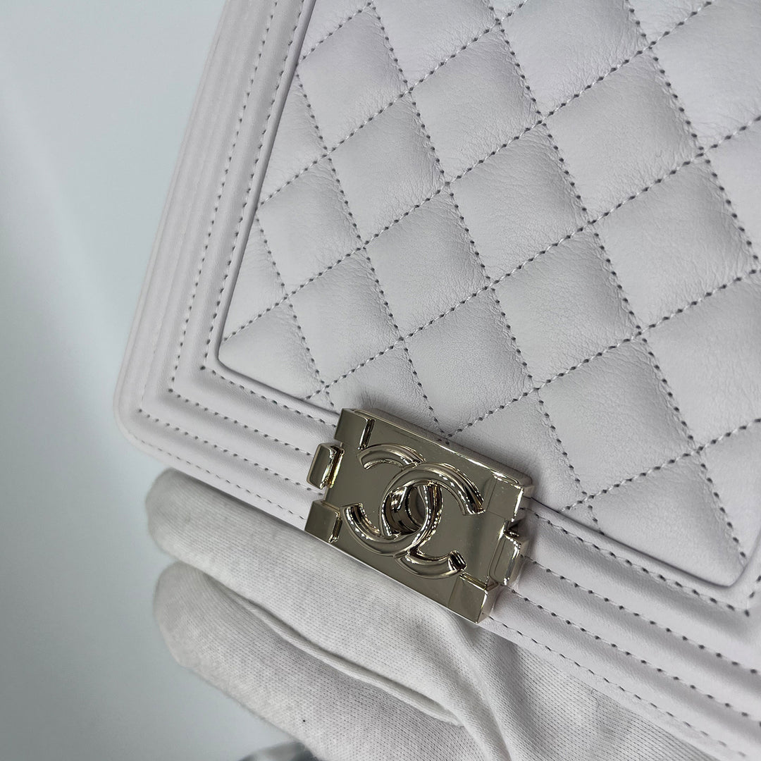 Chanel North South Boy Flap Bag in White Lambskin and Gold Hardware