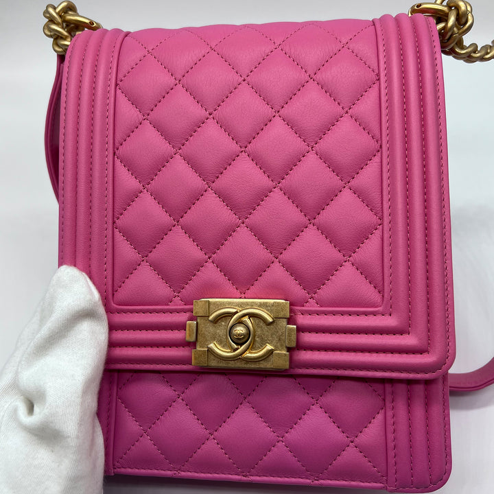 Chanel North South Boy Flap Bag in Pink Lambskin and Gold Hardware