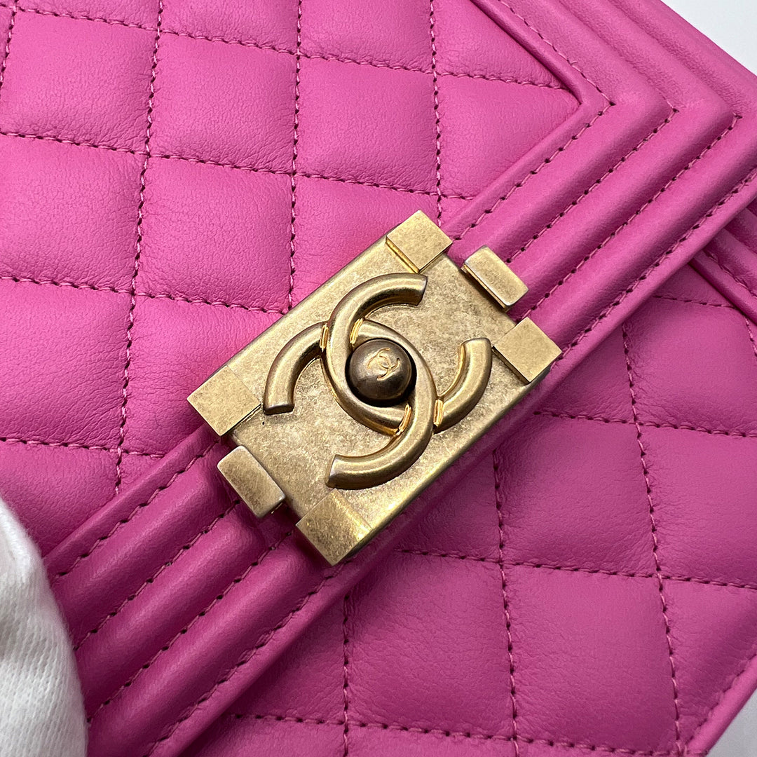 Chanel North South Boy Flap Bag in Pink Lambskin and Gold Hardware