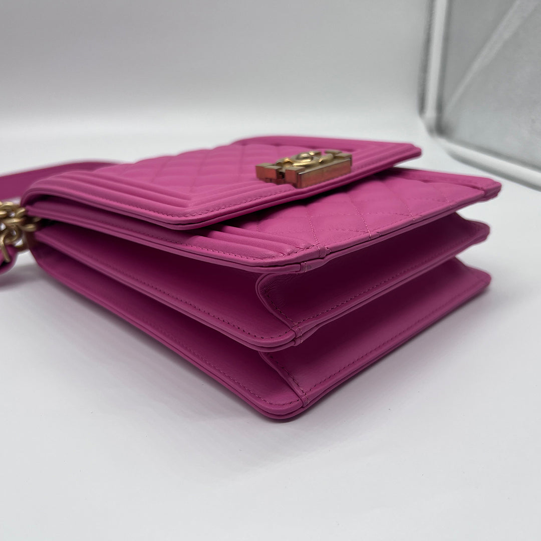 Chanel North South Boy Flap Bag in Pink Lambskin and Gold Hardware