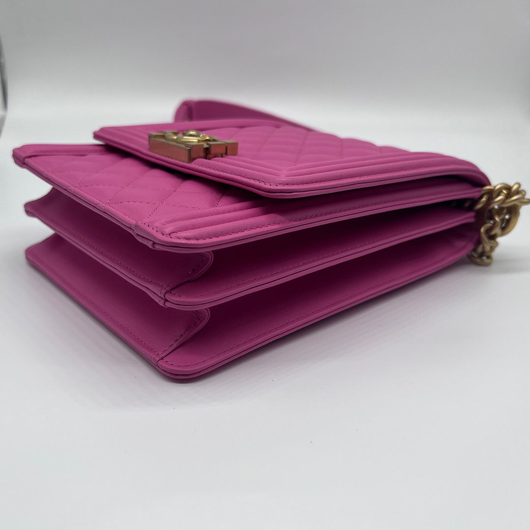 Chanel North South Boy Flap Bag in Pink Lambskin and Gold Hardware