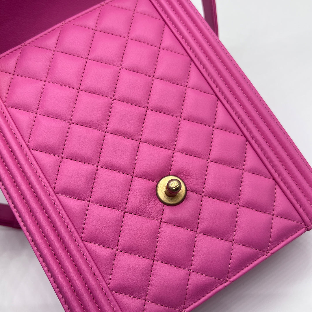Chanel North South Boy Flap Bag in Pink Lambskin and Gold Hardware