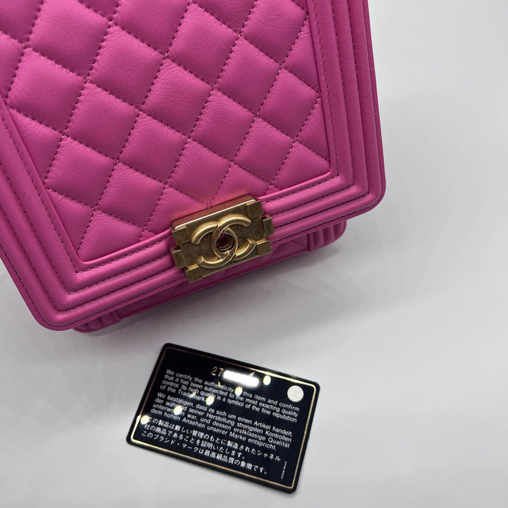Chanel North South Boy Flap Bag in Pink Lambskin and Gold Hardware