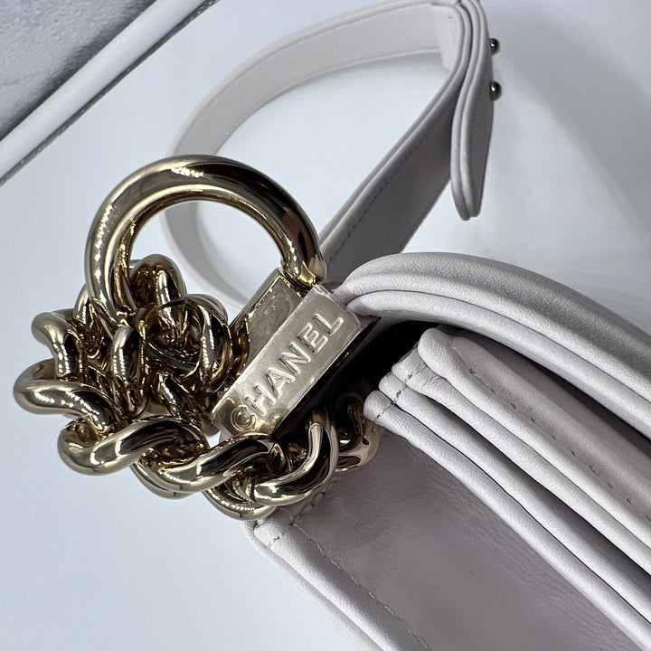 Chanel North South Boy Flap Bag in White Lambskin and Gold Hardware
