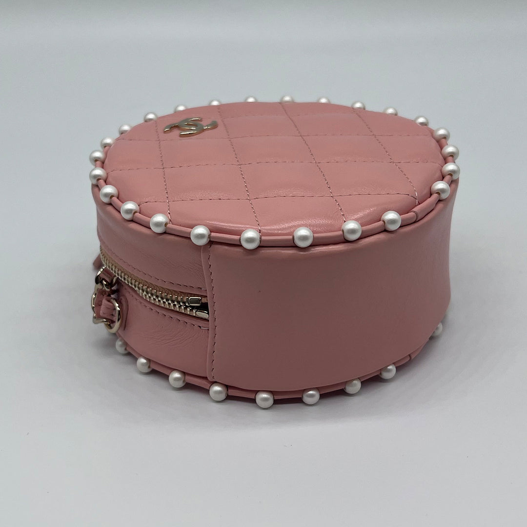 Chanel Round Chain Clutch in Quilted Pink Lambskin and Pearl Detailing with Gold Hardware