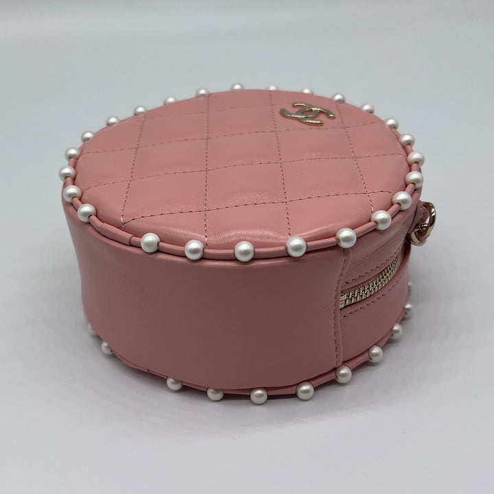 Chanel Round Chain Clutch in Quilted Pink Lambskin and Pearl Detailing with Gold Hardware