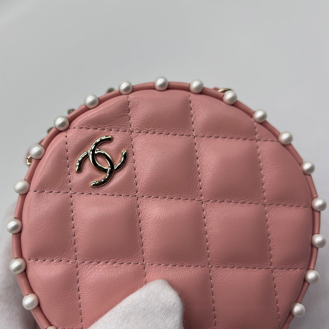 Chanel Round Chain Clutch in Quilted Pink Lambskin and Pearl Detailing with Gold Hardware