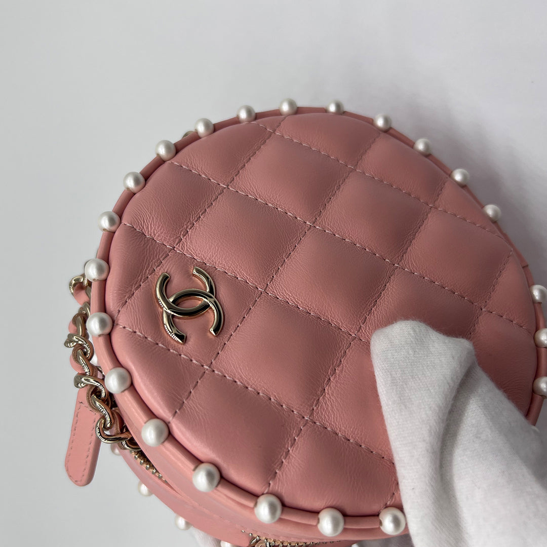 Chanel Round Chain Clutch in Quilted Pink Lambskin and Pearl Detailing with Gold Hardware
