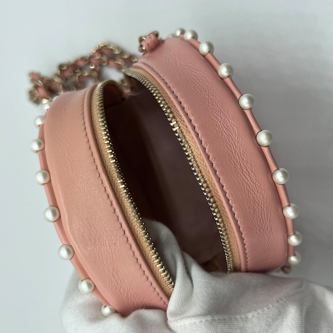 Chanel Round Chain Clutch in Quilted Pink Lambskin and Pearl Detailing with Gold Hardware