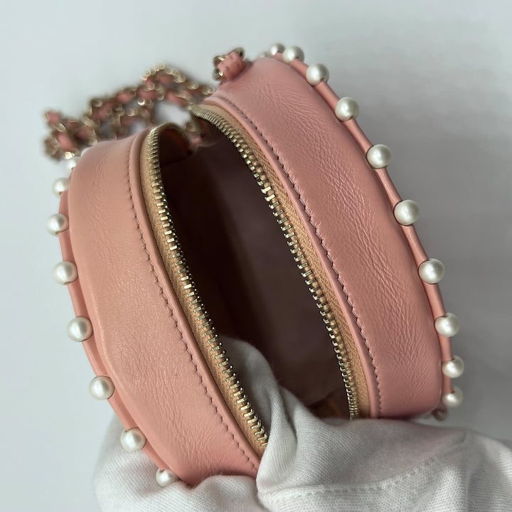 Chanel Round Chain Clutch in Quilted Pink Lambskin and Pearl Detailing with Gold Hardware