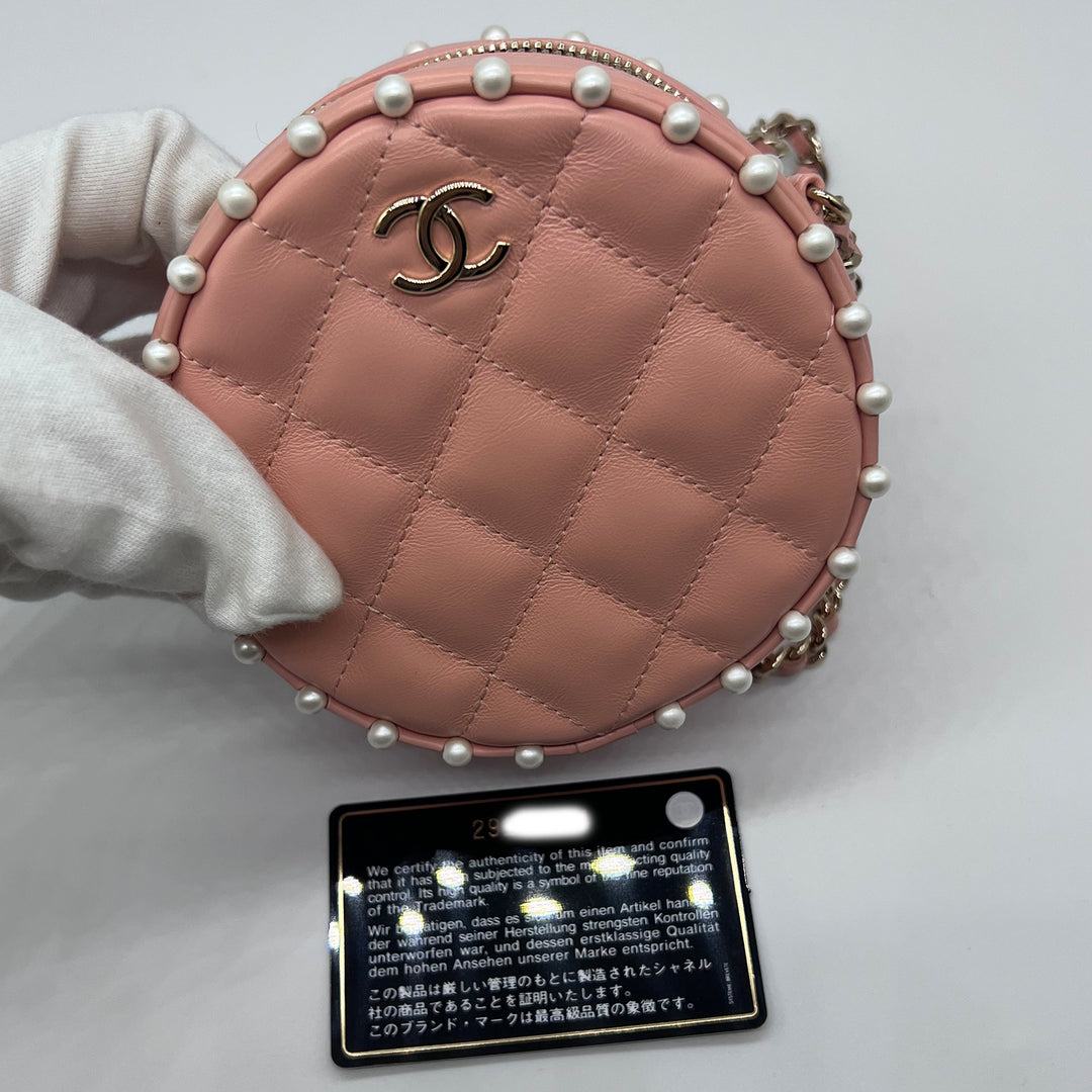 Chanel Round Chain Clutch in Quilted Pink Lambskin and Pearl Detailing with Gold Hardware