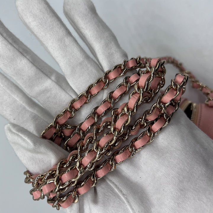 Chanel Round Chain Clutch in Quilted Pink Lambskin and Pearl Detailing with Gold Hardware