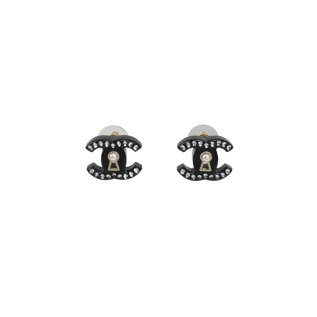 Chanel Black Crystal CC Logo Keyhole Design Earrings