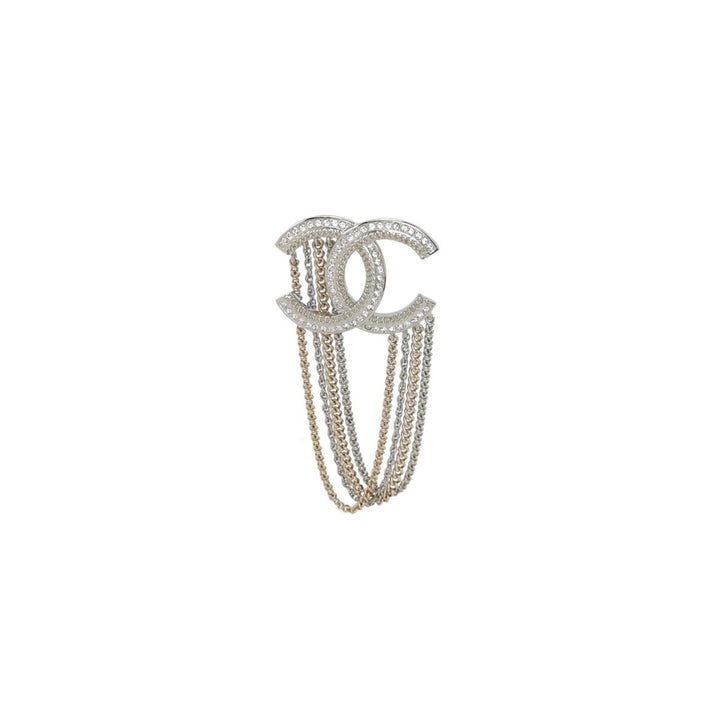 Chanel Crystal Multi Strand Chain CC Brooch Silver Gold