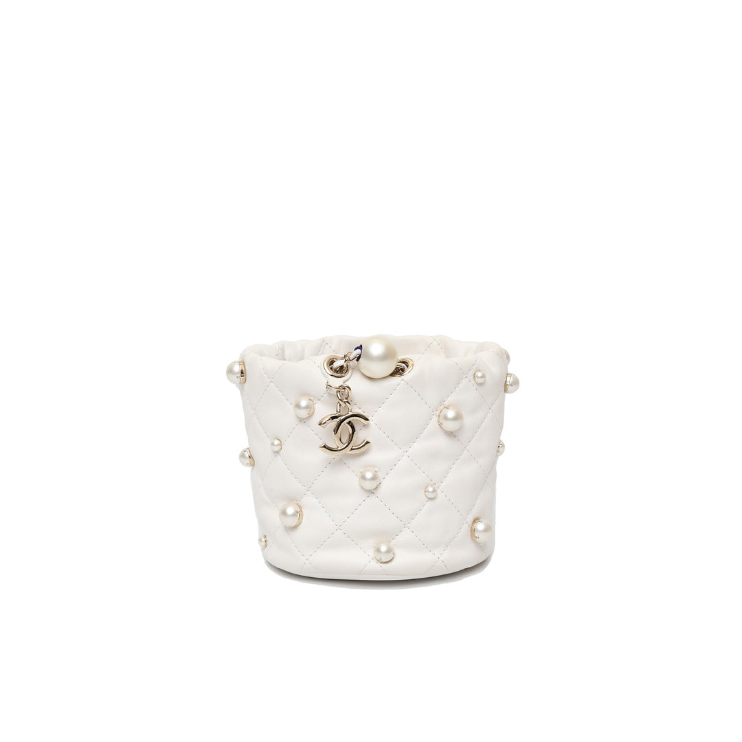 Chanel 2021 Mini Pearl Drawstring Bag in White with Gold Hardware