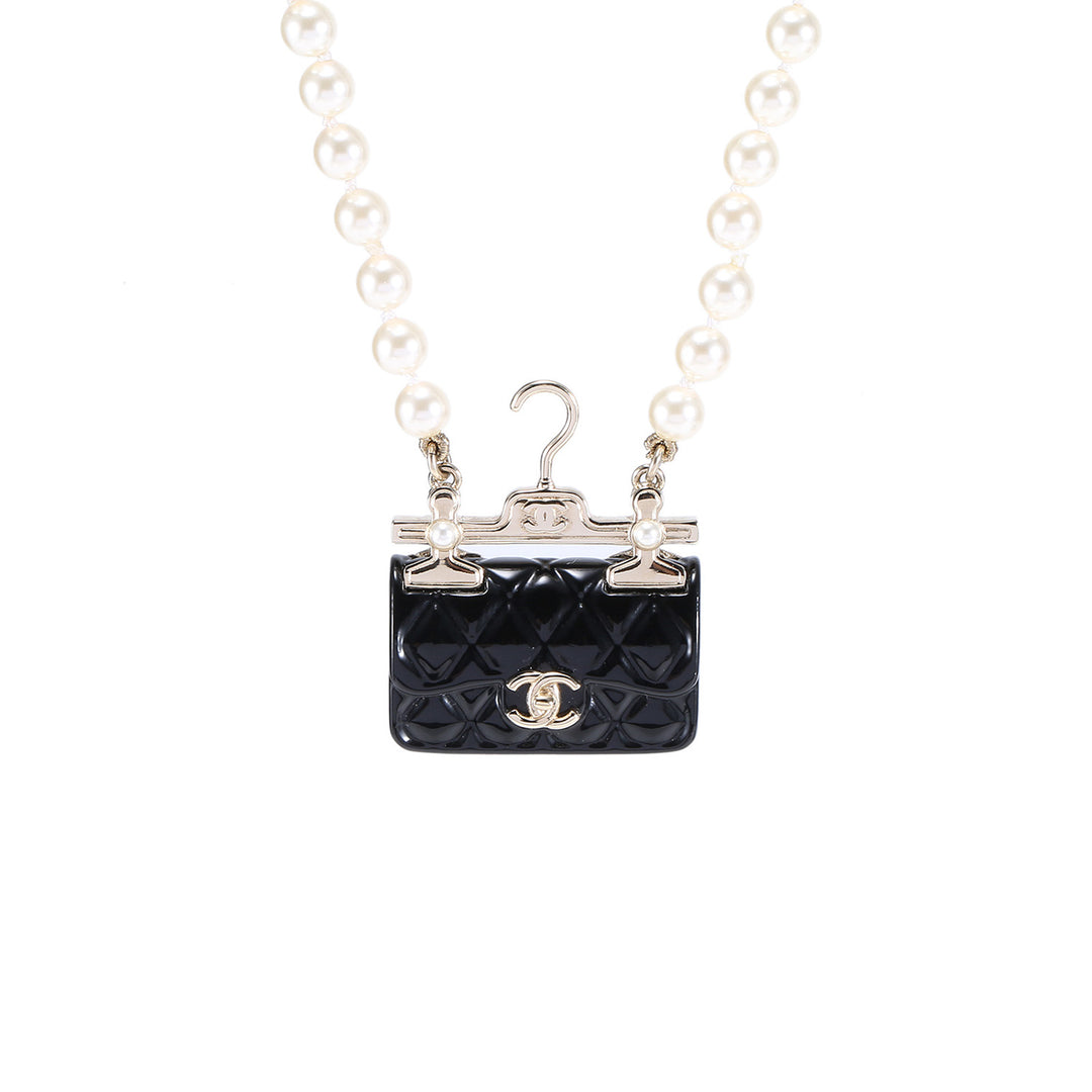 Chanel Pearl Metal Resin Quilted Flap Bag Necklace Gold Black Pearly White