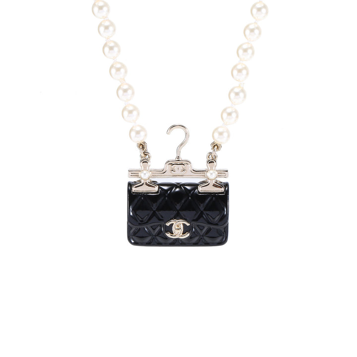 Chanel Pearl Metal Resin Quilted Flap Bag Necklace Gold Black Pearly White