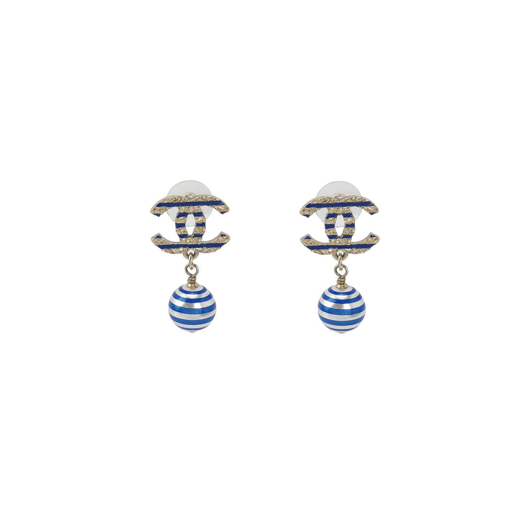 Chanel Resin Faux Pearl Striped CC Drop Earrings Blue Gold