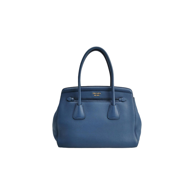 Prada Cuir Frame Convertible Tote Vitello Daino Blue Gold Hardware