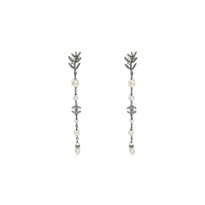 Chanel 18K Forest Leaf CC Logo White Faux Pearl Long Drop Earrings