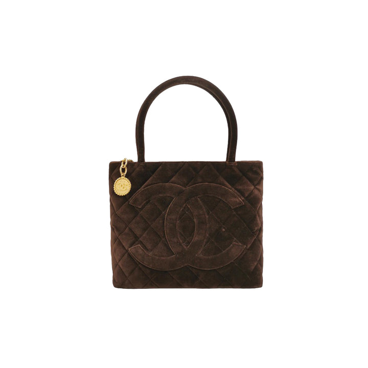 Chanel 1999 Vintage Brown Velvet Medallion Tote Bag With Gold Hardware