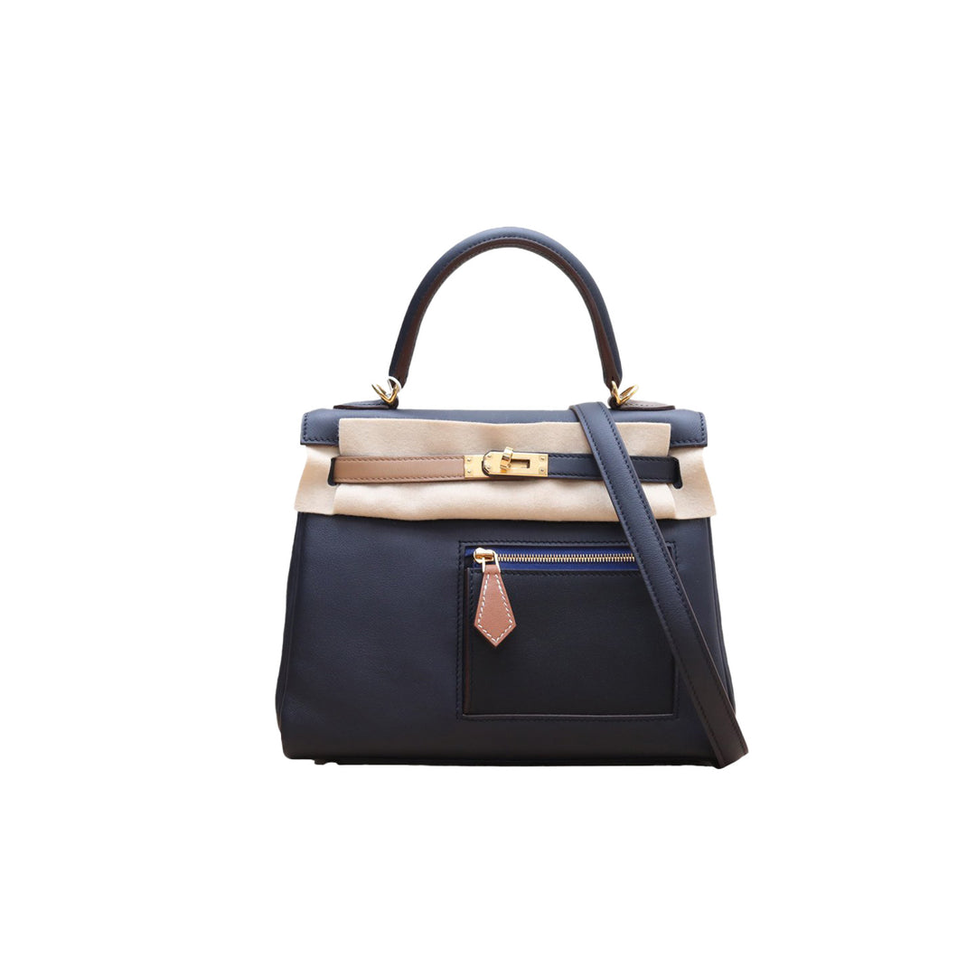 Hermes Kelly 25 Colormatic Blue 89 Black Chai Gold Swift Leather Gold Hardware Stamp U