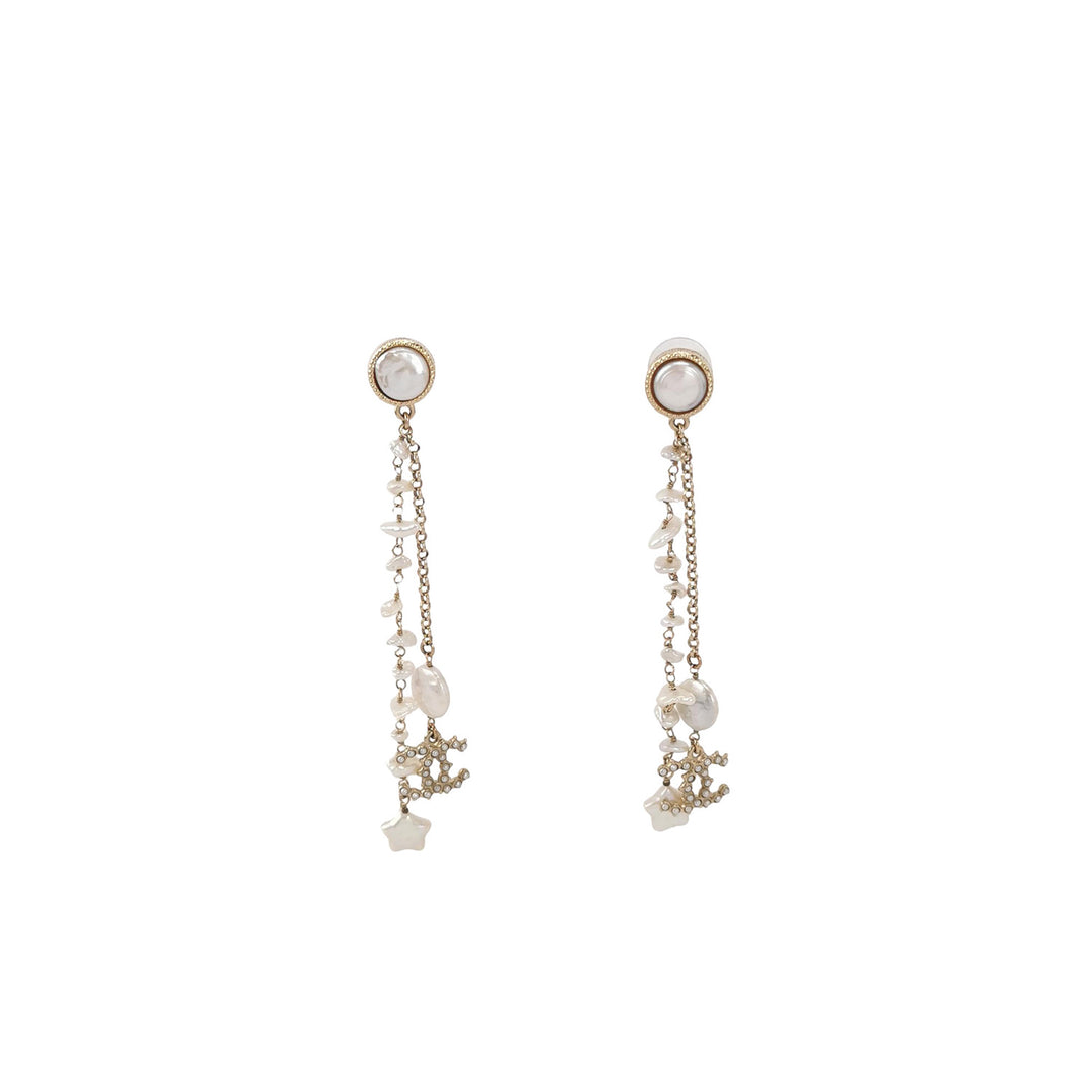 Chanel Dangle CC Logo Faux Pearl Star Earrings