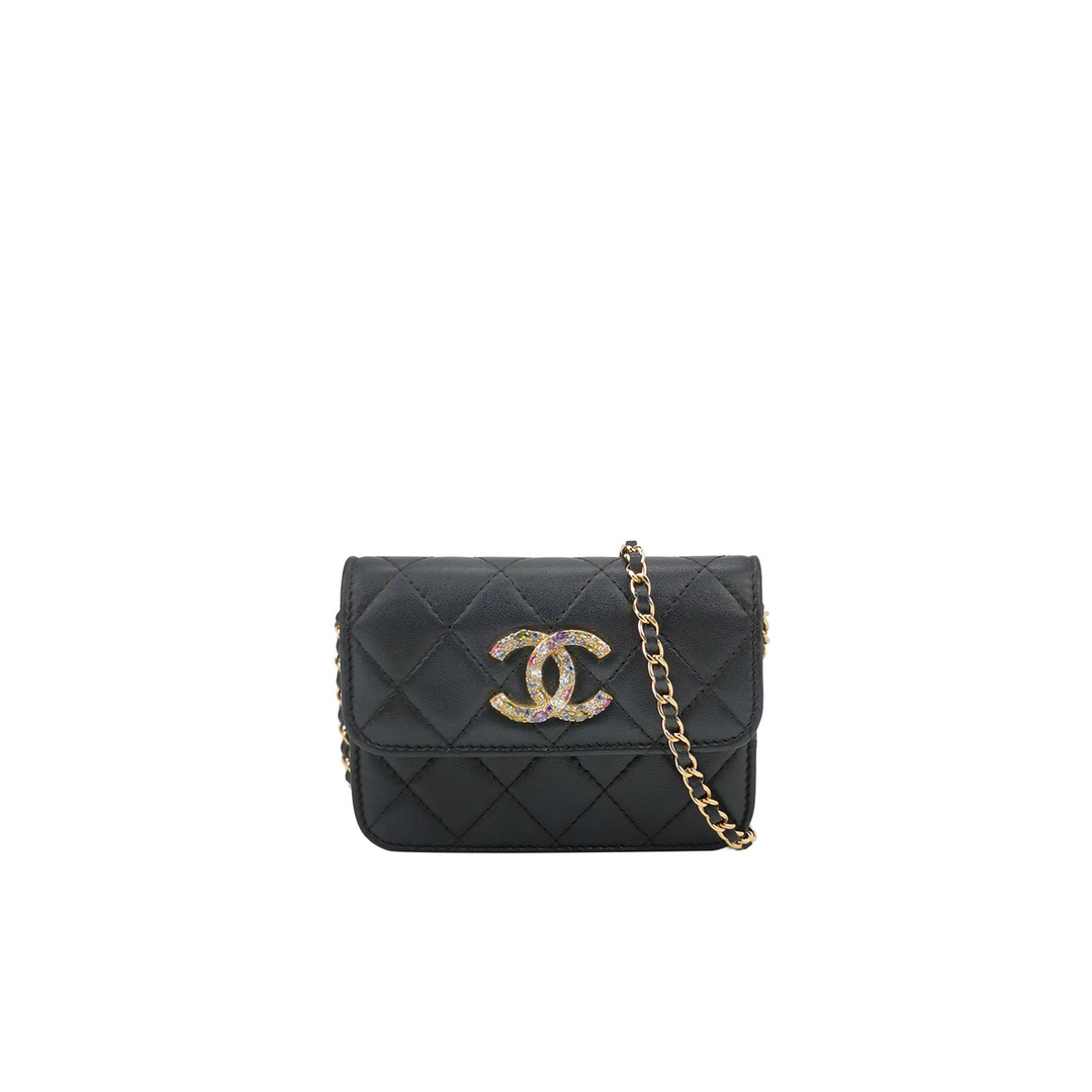 Chanel 2020 Small Black Lambskin Crossbody Bag with Chain Quilted with Zirconium CC Logo