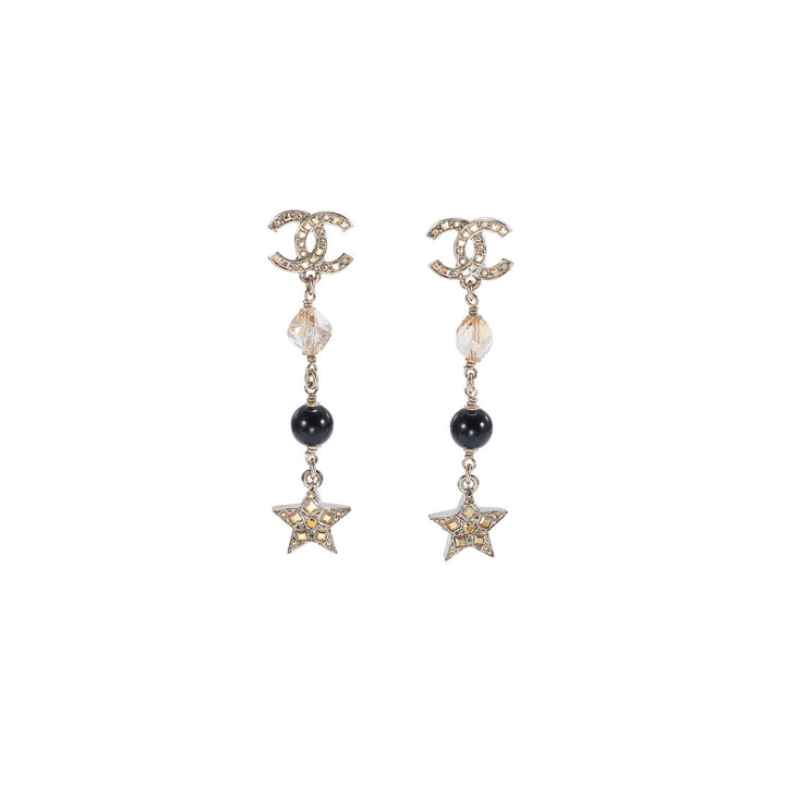 Chanel CC Star Drop Dangle Earrings Metal with Crystals and Beads