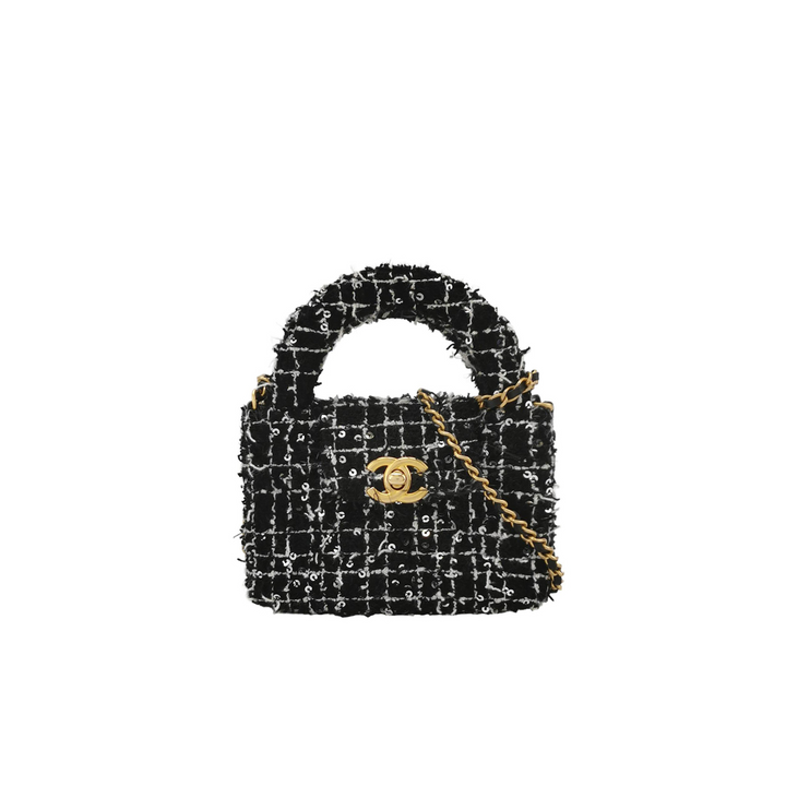 Chanel 2024 Black White Tweed Mini Kelly Bag With Gold Hardware